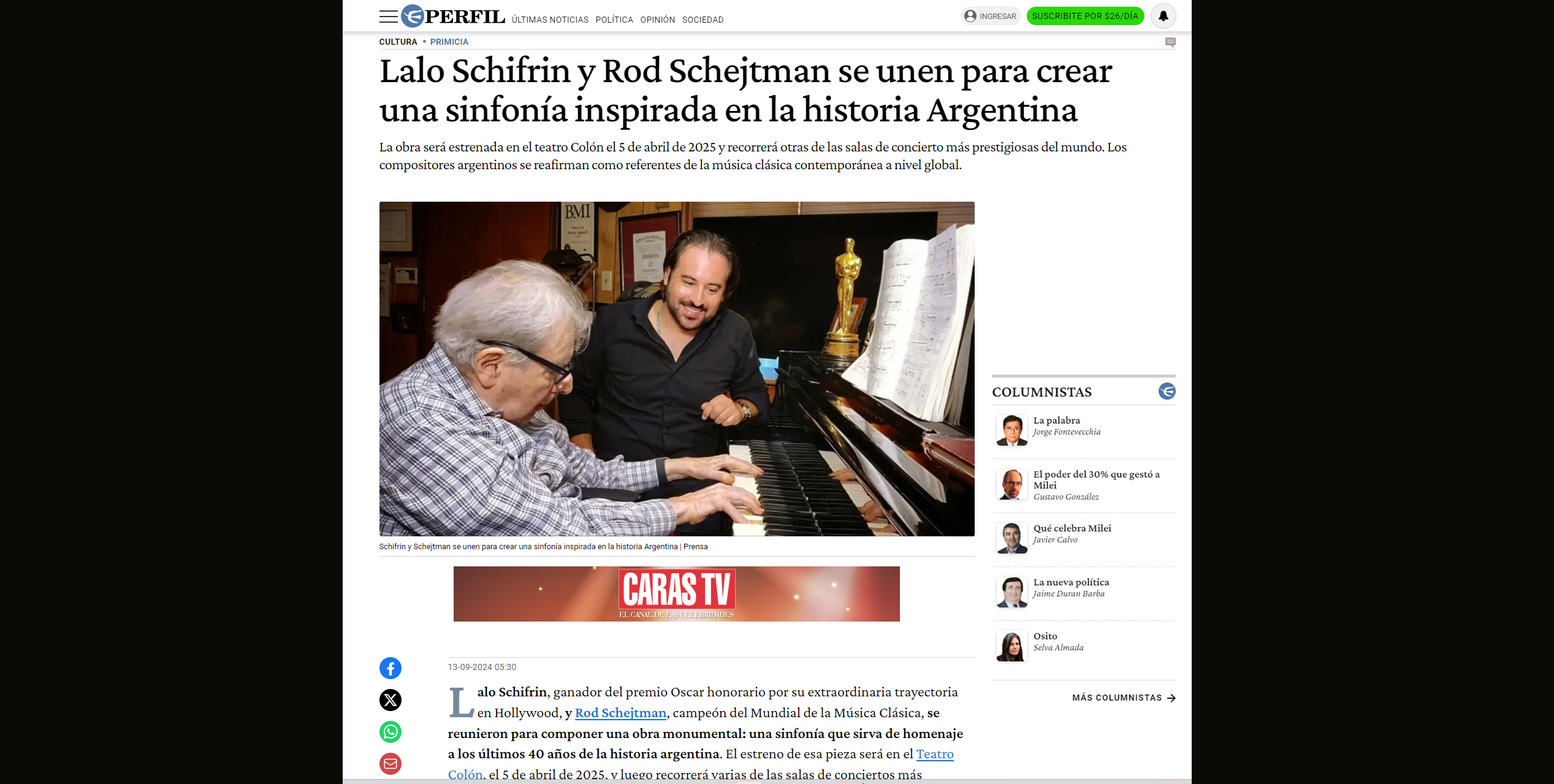 Diario Perfil article on Lalo Schifrin and Rod Schejtman